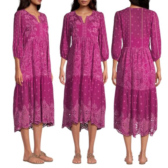 Johnny Was Gracie Hopscotch Embroidered Midi Dress Rumba Red Size M - Picture 2 of 13